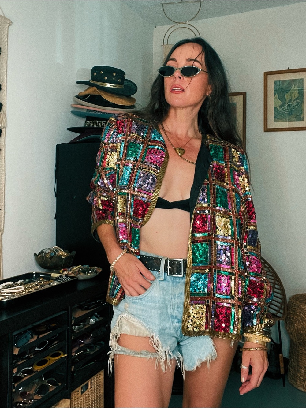 90s Laurence Kazar Multicolor Sequin Patchwork Jacket with Gold Trim - Picture 9 of 13
